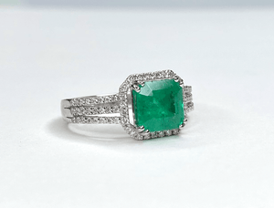 Asscher Cut Emerald Platinum and Diamond Ring