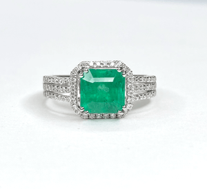 Asscher Cut Emerald Platinum and Diamond Ring